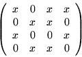 \begin{displaymath}\left(
\begin{array}{cccc}
x & 0 & x & x \\
0 & x & x & 0 \\
x & 0 & 0 & x \\
0 & x & x & 0
\end{array} \right)
\end{displaymath}